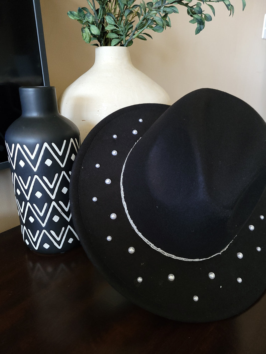 Black Custom Hat with Pearls